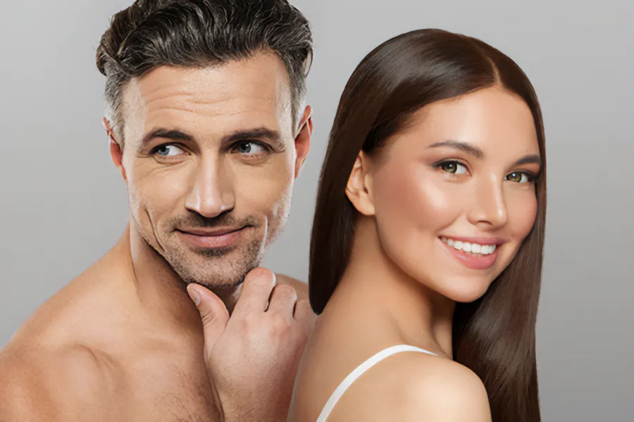 Aesthetics-Cosmetics-Doctor A handsome man and beautiful brunette woman stand against a gray background showing their smooth beautiful skin resulting from aesthetic and cosmetic care from Healthy Aging Medical Centers of New Jersey in Northern New Jersey.